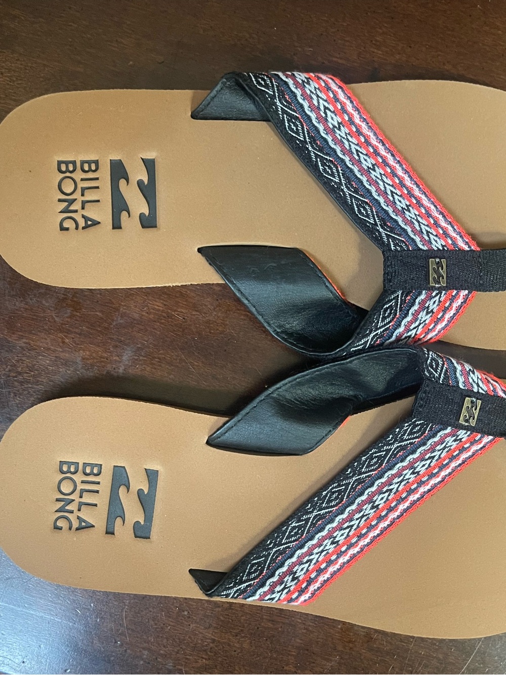 Billabong Women's Tan Footbed Sandals with Red & Black Patterned Straps